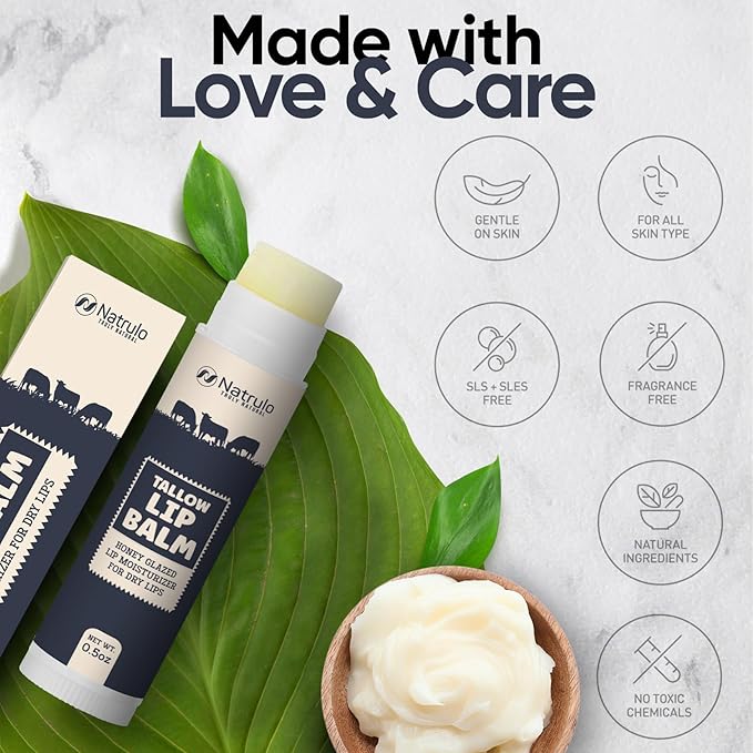 Beef Tallow Lip Balm – Natural Tallow Beeswax Chapstick – Hydrating Moisturizer Grass Fed Bison Tallow Balm Lip Care – Soothes Chapped, Dry Lips, Sensitive Skin – Long Lasting & Vitamin Rich USA-Made