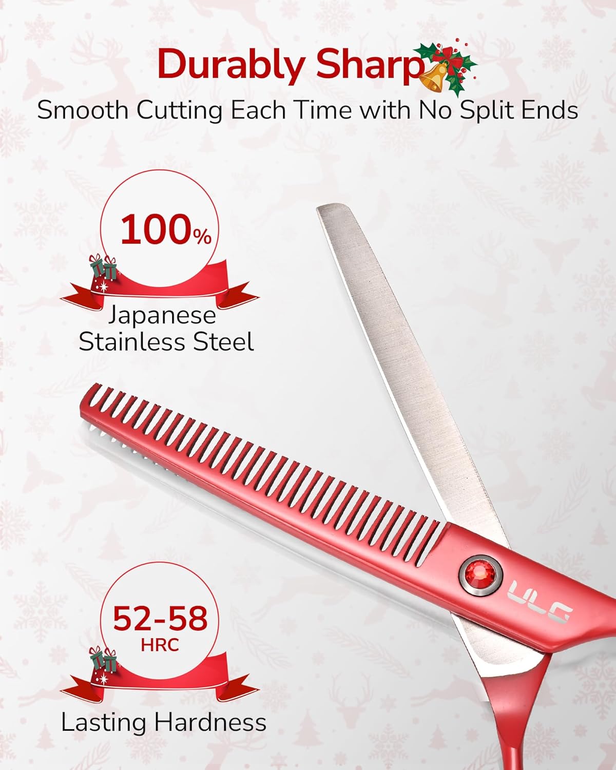 ULG 6.5" Hair Thinning Scissors, Japanese Stainless Steel, Professional Texturizing Shears, Barber’s 30-Tooth Blending Thinner for Stylist & Home Use, Christmas Gifts for Women Men Family Red
