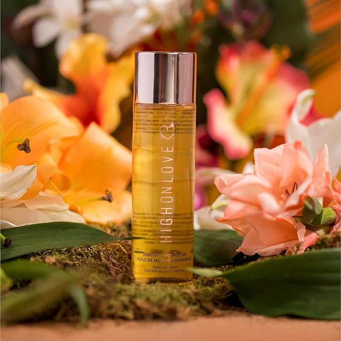 HIGHONLOVE Natural Body Oil with Hemp Seed, Grape Seed, & Vitamin E Oil - Moisturizing Body Glow with a Non-Greasy, Glowy Finish (120 ml) (Tropical Sunset)