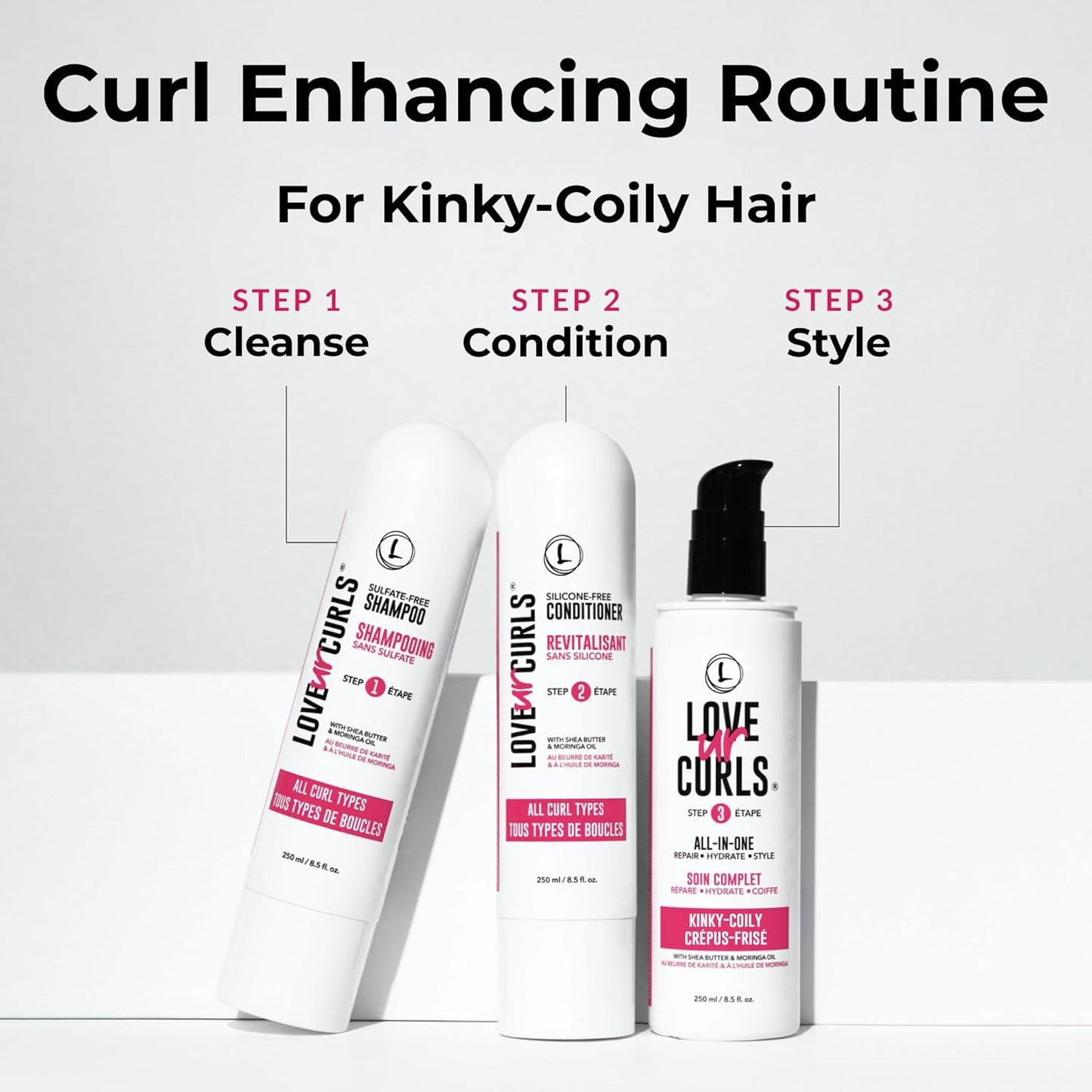 Love Ur Curls - Shampoo & Conditioner Set with All in One Curl Cream Styler for Kinky & Coily Hair, 3 Step System for Repair and Moisturizing