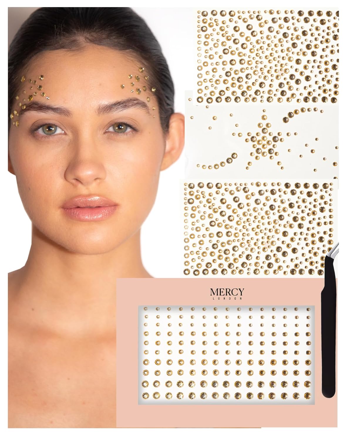MERCY LONDON Face Gems in Gold, 866 Self Adhesive Rhinestone Stickers for Face, Eye, Makeup, Body, DIY Face Gems