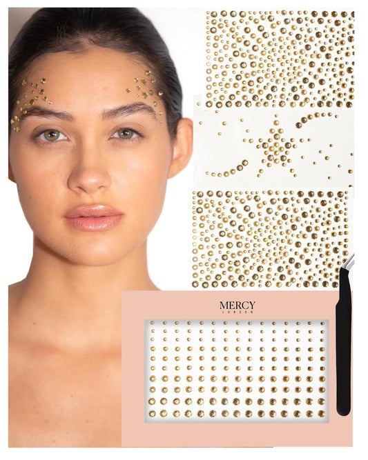 MERCY LONDON Face Gems in Gold, 866 Self Adhesive Rhinestone Stickers for Face, Eye, Makeup, Body, DIY Face Gems