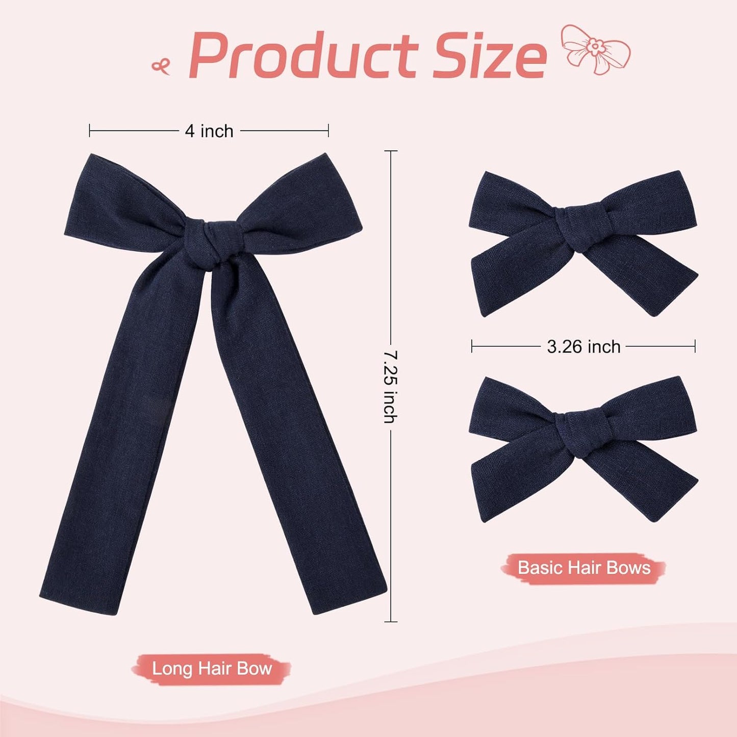 DEEKA Navy Cotton Linen Hair Bows 2 Sizes 5"&3.5" Soft Hair Bow set for Toddler Girls Long Ponytail Knot Bows Alligator Clip Hair Accessories for Little School Girls (Navy)