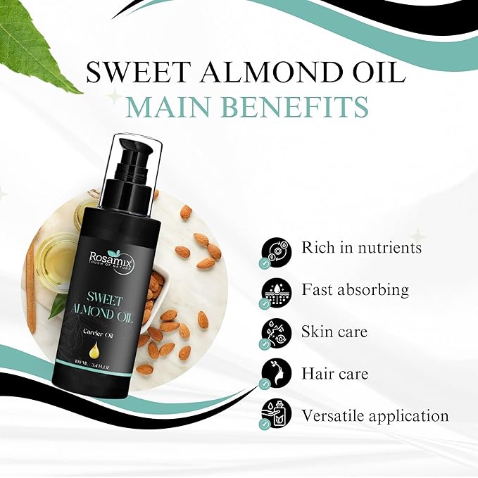 COLD PRESSED SWEET ALMOND OIL - 100% Pure and Natural Moisturizing Face, Hair, Body, Skin Care, 100ml