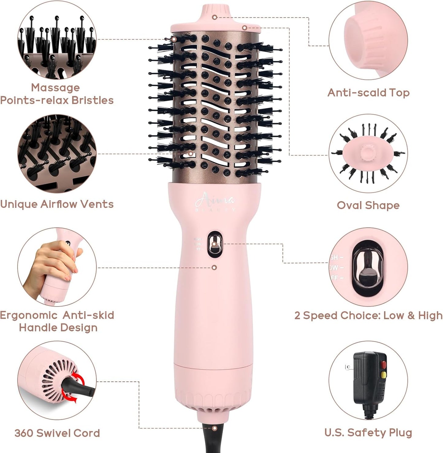 Aima Beauty Worldwide Travel Hair Dryer Brush 110V-240V Dual Voltage Blow Dryer Brush Hot Air Brush with Oval Barrel 360° Hot Airflow, Negative Ionic Frizz-Free Drying/Straightening/Voluming, Pink