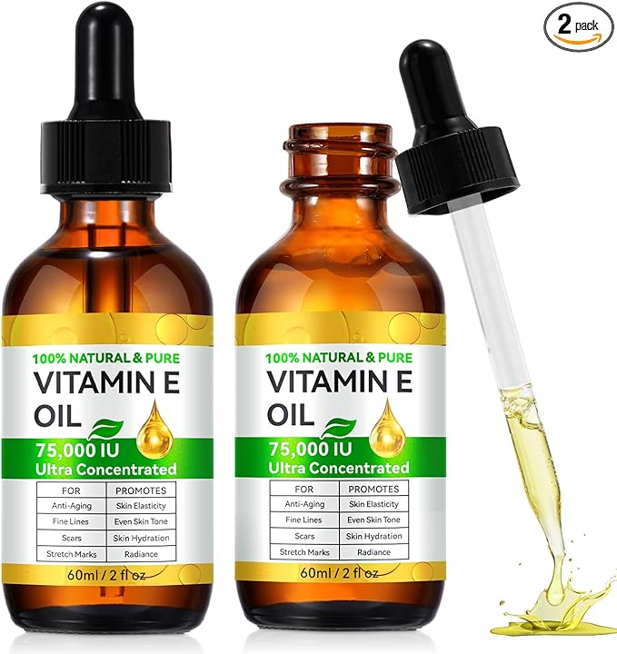 2PCS Vitamin E Oil for Skin Blend 75,000 IU, Natural Organic Vitamin E oil for Scars, Hair & Face (2 Fl Oz) - Non GMO, Cold Pressed, Cruelty Free Skin Repair & Moisturizing Solution, Easy to Absorbed