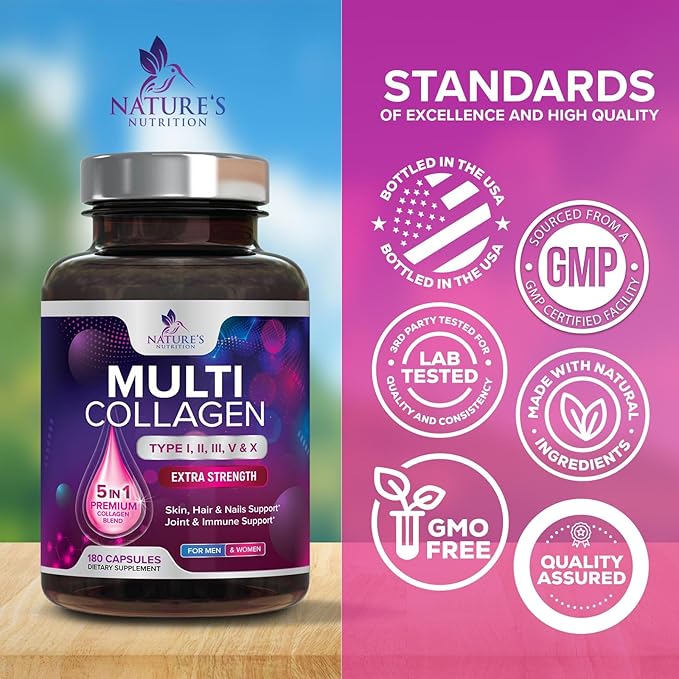 Collagen Peptides for Women & Men - Type I, II, III, V, X Multi Collagen Pills, Hydrolyzed Collagen Peptides Supplements, Nature's Hair, Skin, Nail, and Joint Support Supplement, Non-GMO, 180 Capsules