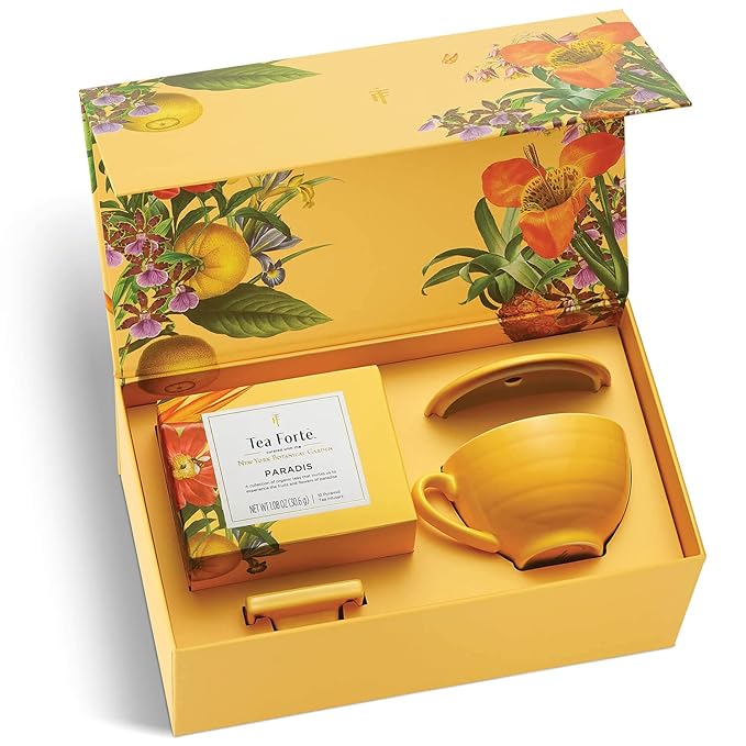 Tea Forte Paradis 3-Piece Mother's Day Tea Gift Set with Mango Yellow Cafe Cup with Lid, Tea Tray and 10 Assorted 2 of Each Variety Organic Handcrafted Pyramid Infuser Tea Bags