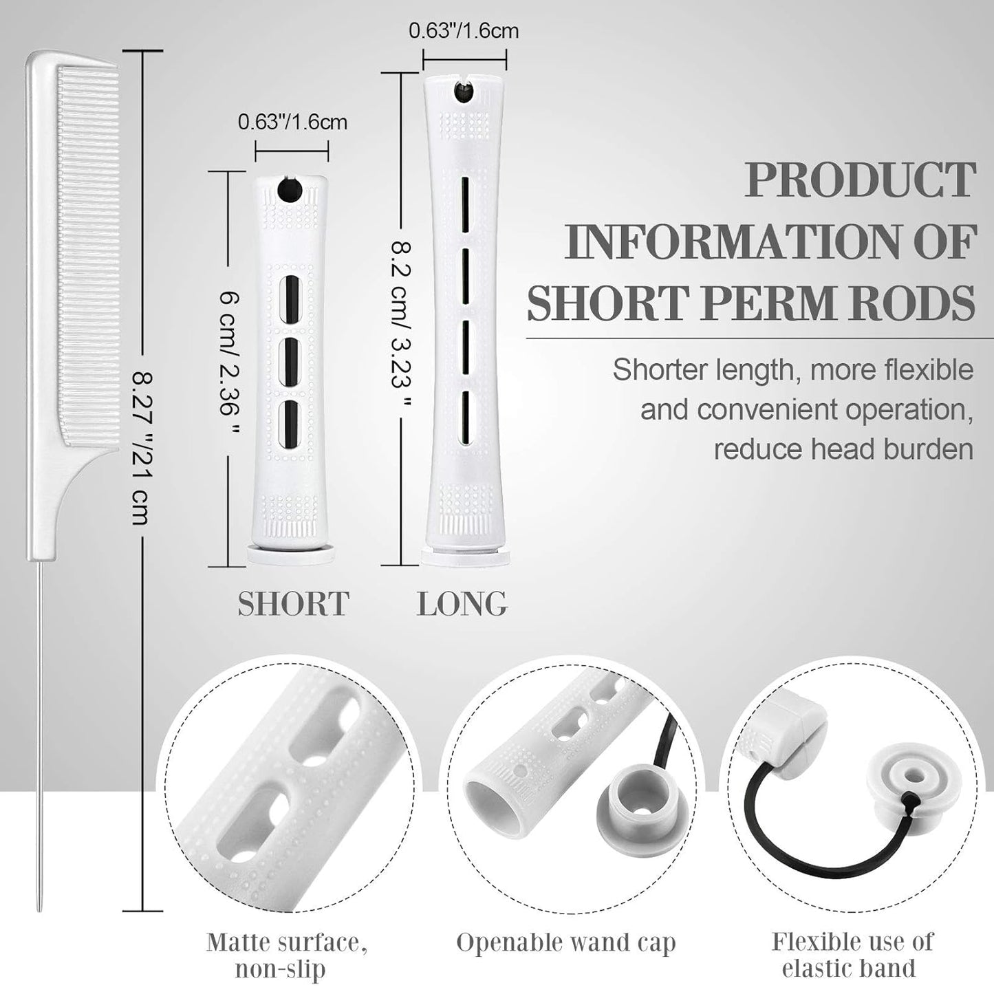 48 Pieces Hair Perm Rods Short Cold Wave Rods Plastic Perming Irons Hair Curling Rollers Curlers with Steel Pintail Comb Rat Tail Comb for Hairdressing Styling Supplies(0.63 Inch,White)