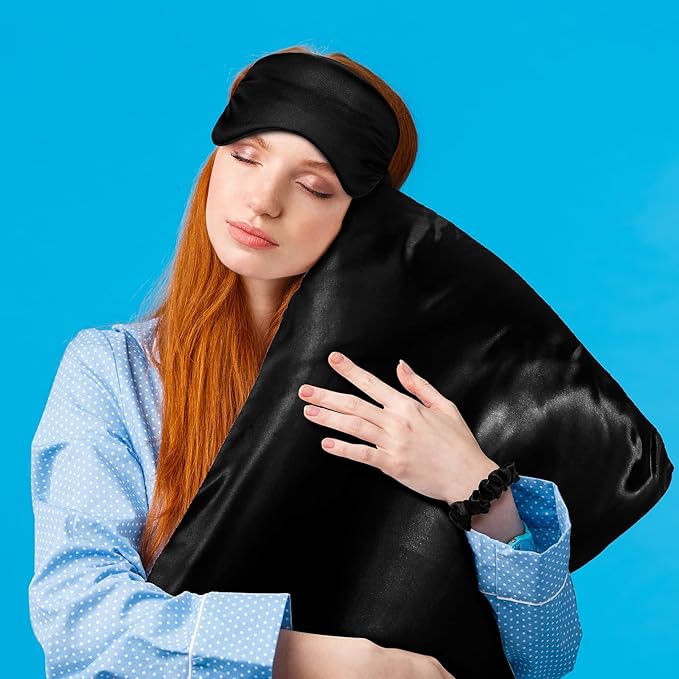 2 Pack Satin Pillowcase with Latent Zipper, Adjustable Satin Eye Mask for Sleeping and Satin Volume Scrunchie for Hair and Skin, Standard Size (Classic Style, Black)