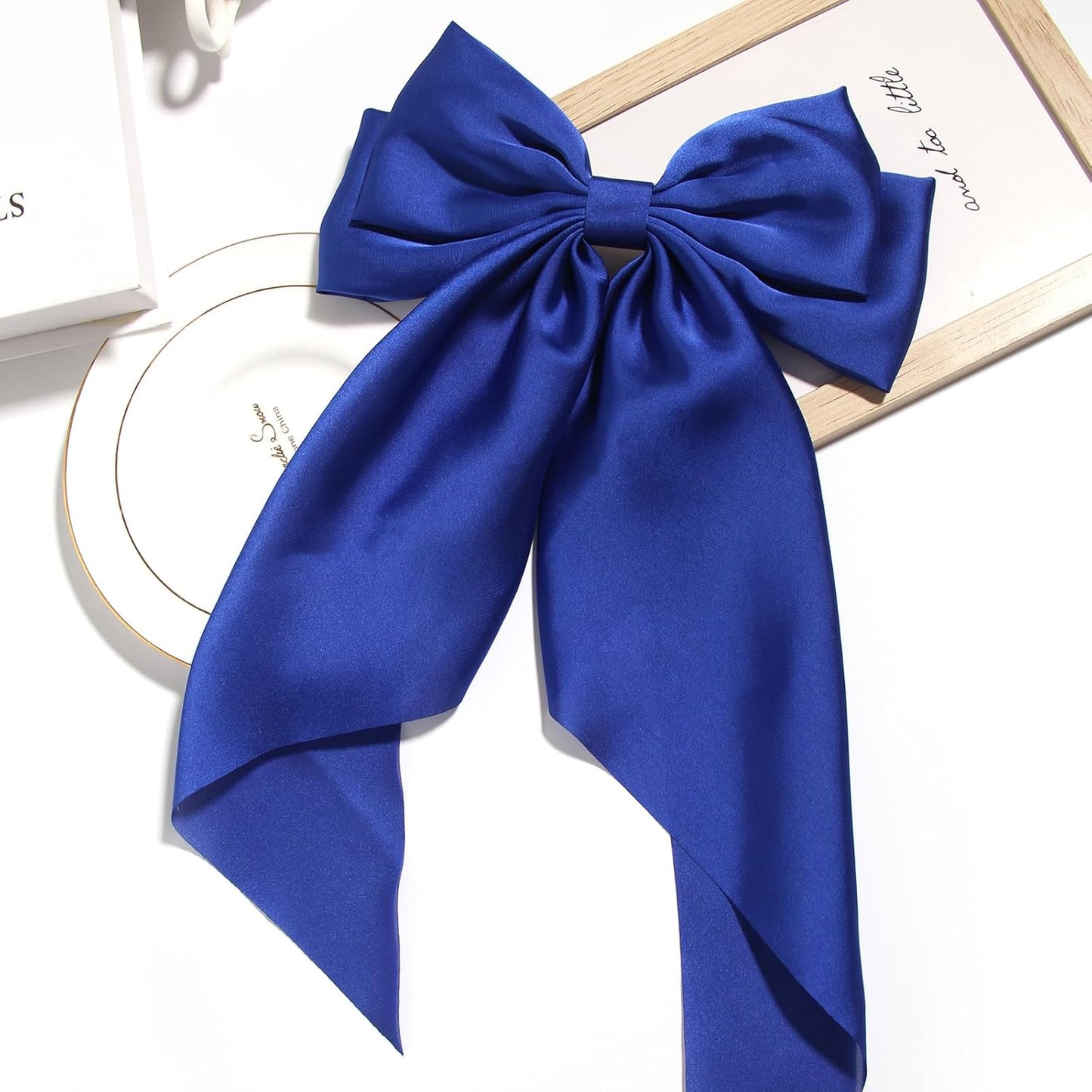 Satin Bow Hair Clips for Women,Big Bow Hair Slides Metal Clips Long Ribbon Hairpin Girls Barrettes Party Half-Updo Ponytail Accessories (2pcs Royal)