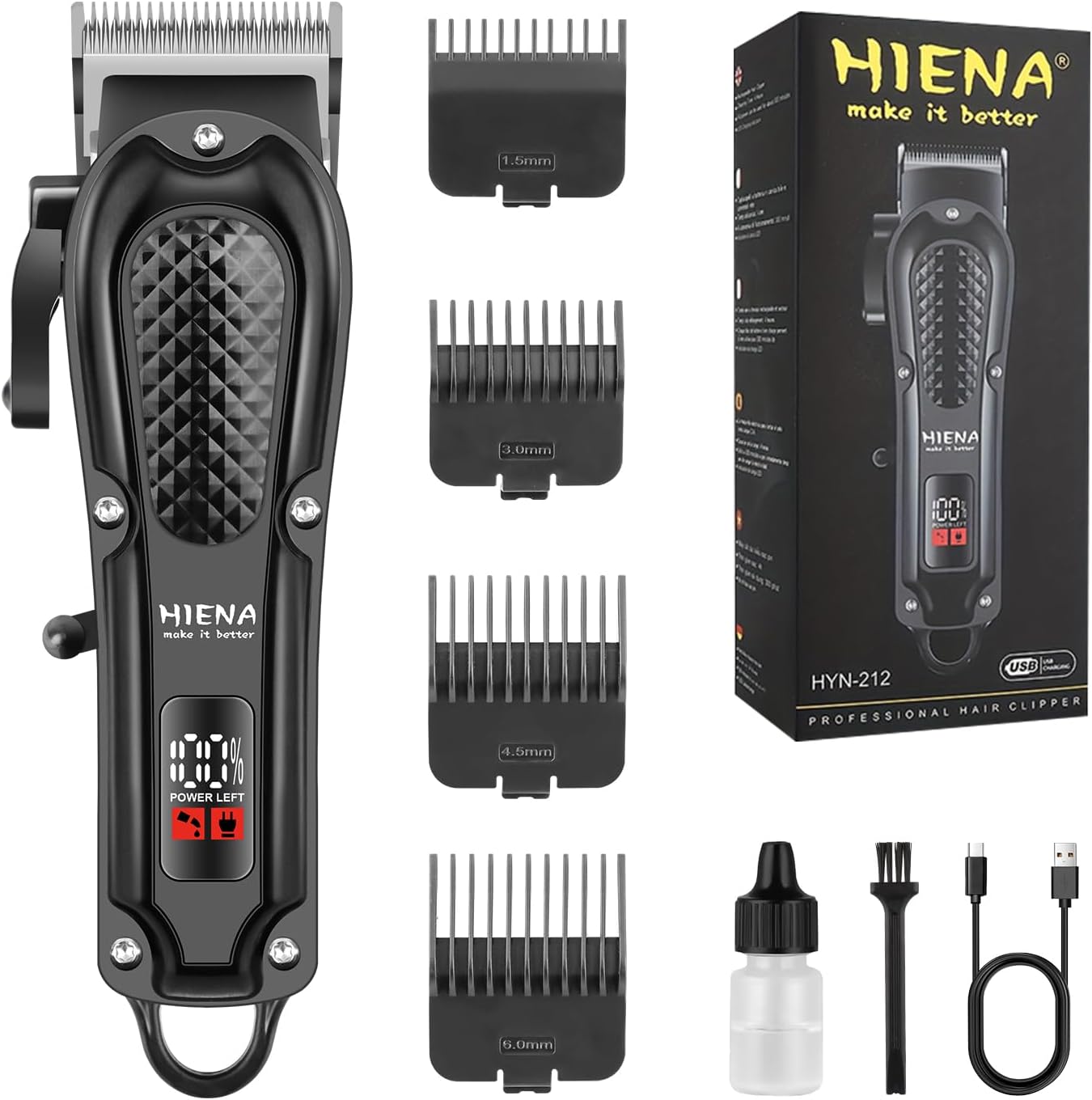 HIENA PRO Professional Hair Clippers for Men, Cordless&Corded Barber Clippers for Hair Cutting, Rechargeable Beard Trimmer, LED Display, Gifts for Men (Black)