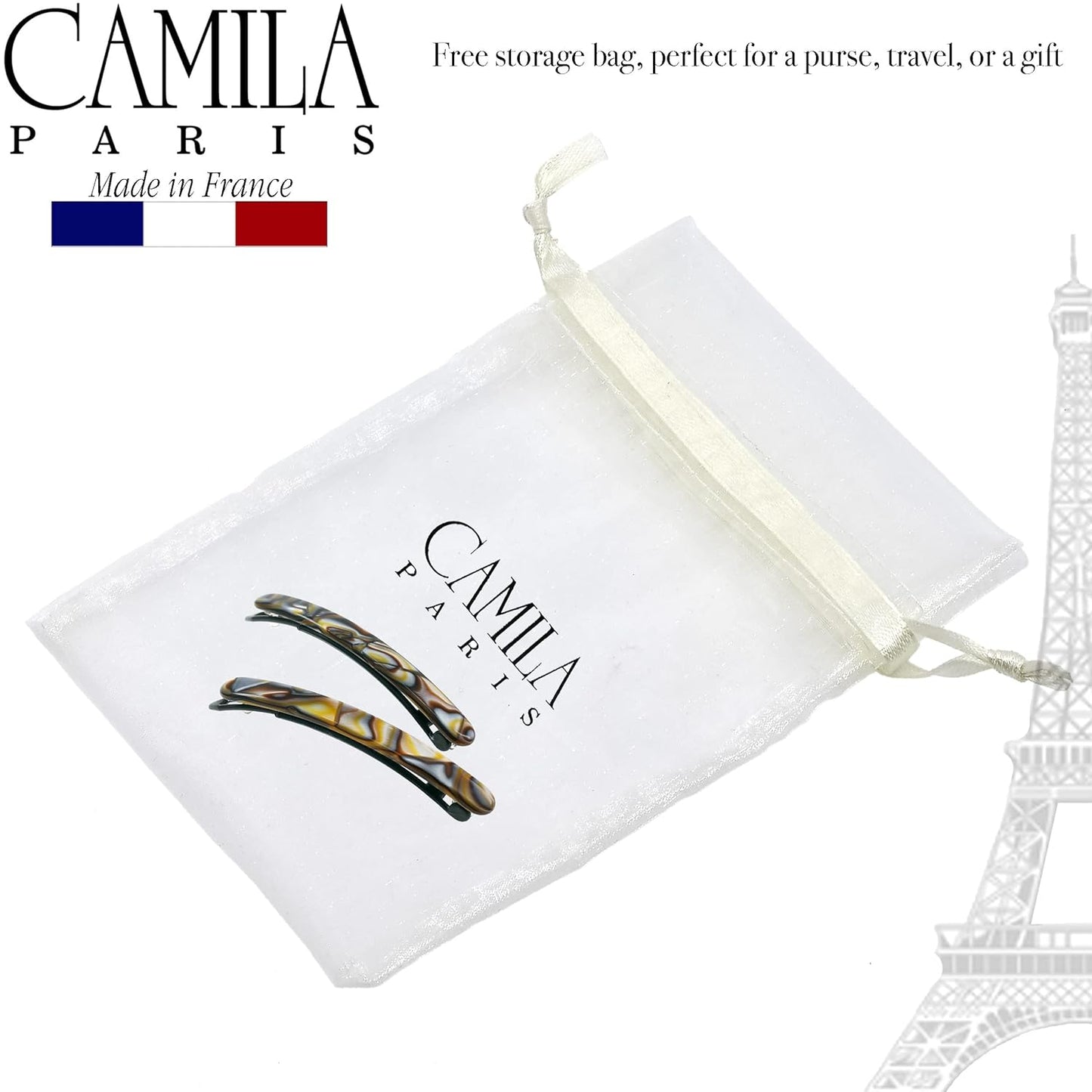 Camila Paris CP3373 French Hair Barrettes Clips for Women, Handmade, Girls Side Slide-in Barrette Clip, Hair Accessories for Women. Strong Hold No Slip Grip Fashion Durable Styling, Made in France