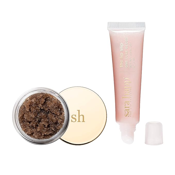 Sara Happ Let's Glow Lip Scrub & Shine Kit: Brown Sugar Lip Scrub + The Lip Slip One Luxe Gloss for Healthy Lips: Gently Exfoliate, Nourish and Hydrate Lips, 0.5 oz