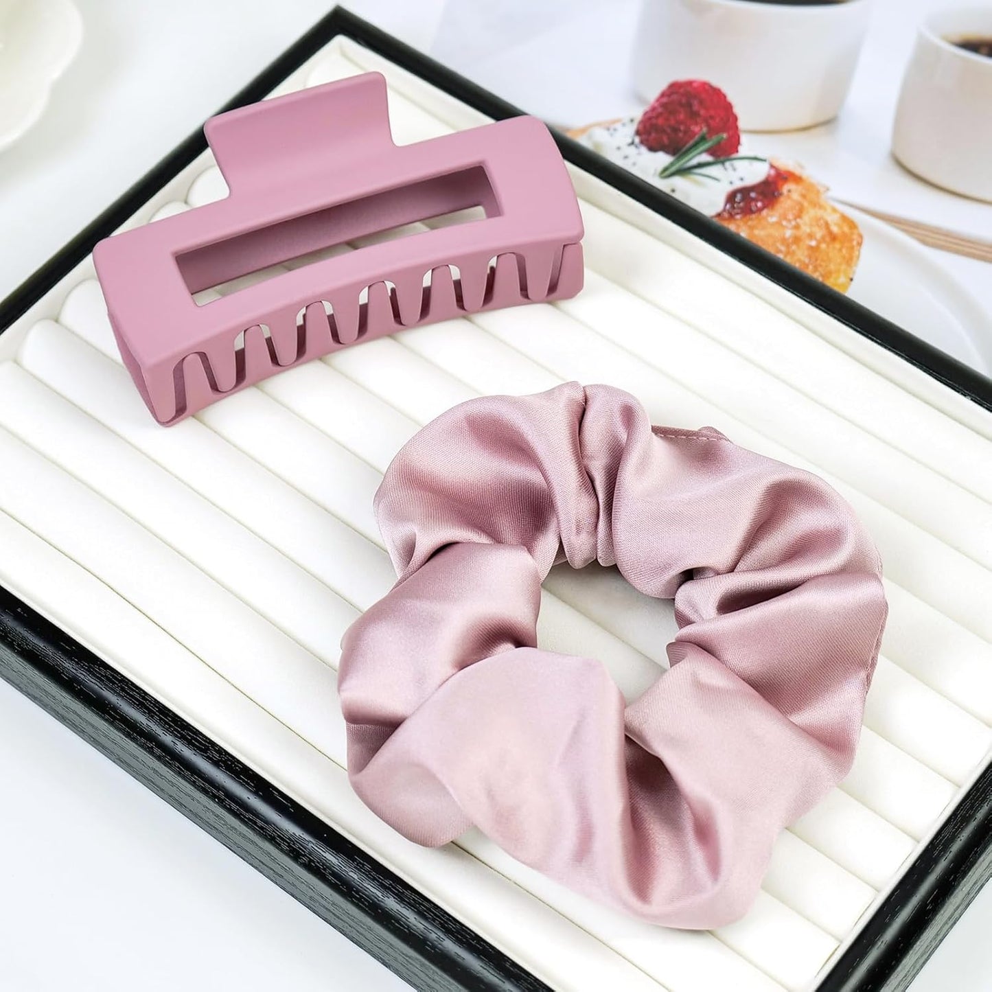 8 Pcs Pink Claw Clips and Hair Scrunchies Set – Square Hair Clips for Women, Medium Non-Slip Matte, Large Satin Scrunchies, Hair Accessories for Thick Thin Hair, Party, Daily Use – Dusty Rose