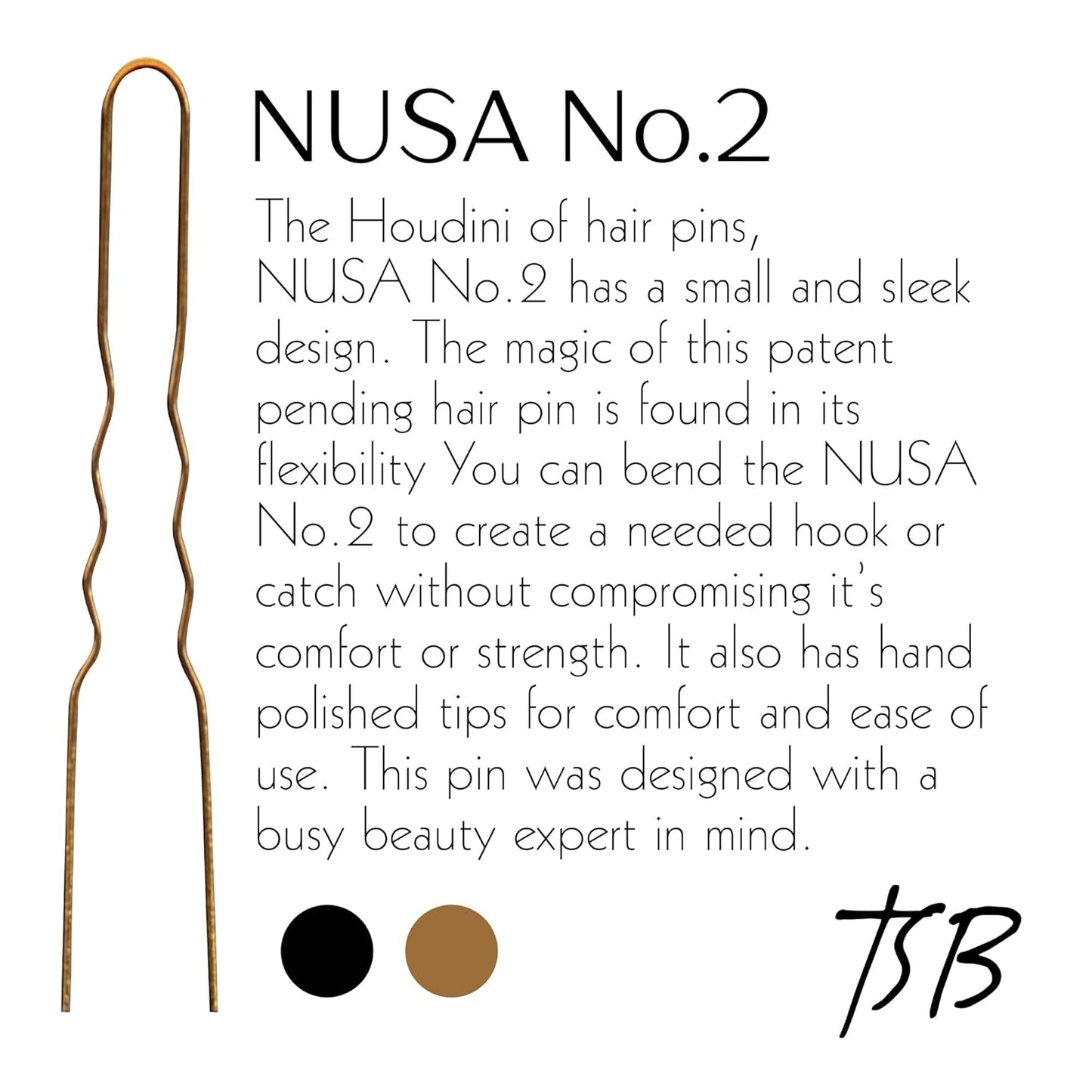 TSB NUSA No.2 Flexible Bronze Hair Pins Set of 50-2.0 Inch Pins Vintage Style, Strong Hold, Comfortable & Sleek Design - Hand Polished Tips - Ideal for Beauty Experts & Hairstyling Professionals