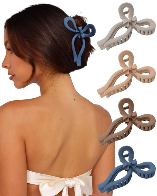 4 PCS Bow Hair Clips Bow Claw Clip for Women Nonslip Large Hair Claw Clips for Thin and Thick Hair Strong Hold Hair Bows (Gray+Light Brown+Dark Brown+Dark Blue)