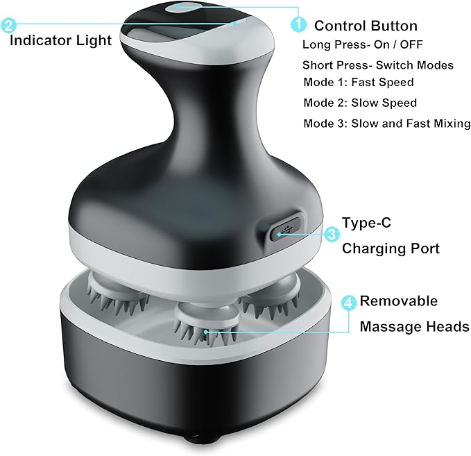 Electric Scalp Massager, Portable Rechargeable Head Massager with 8 Removable Massage Claws, Waterproof Handheld Hair Scalp Scratcher for Full-Body Massage and Stress Relax