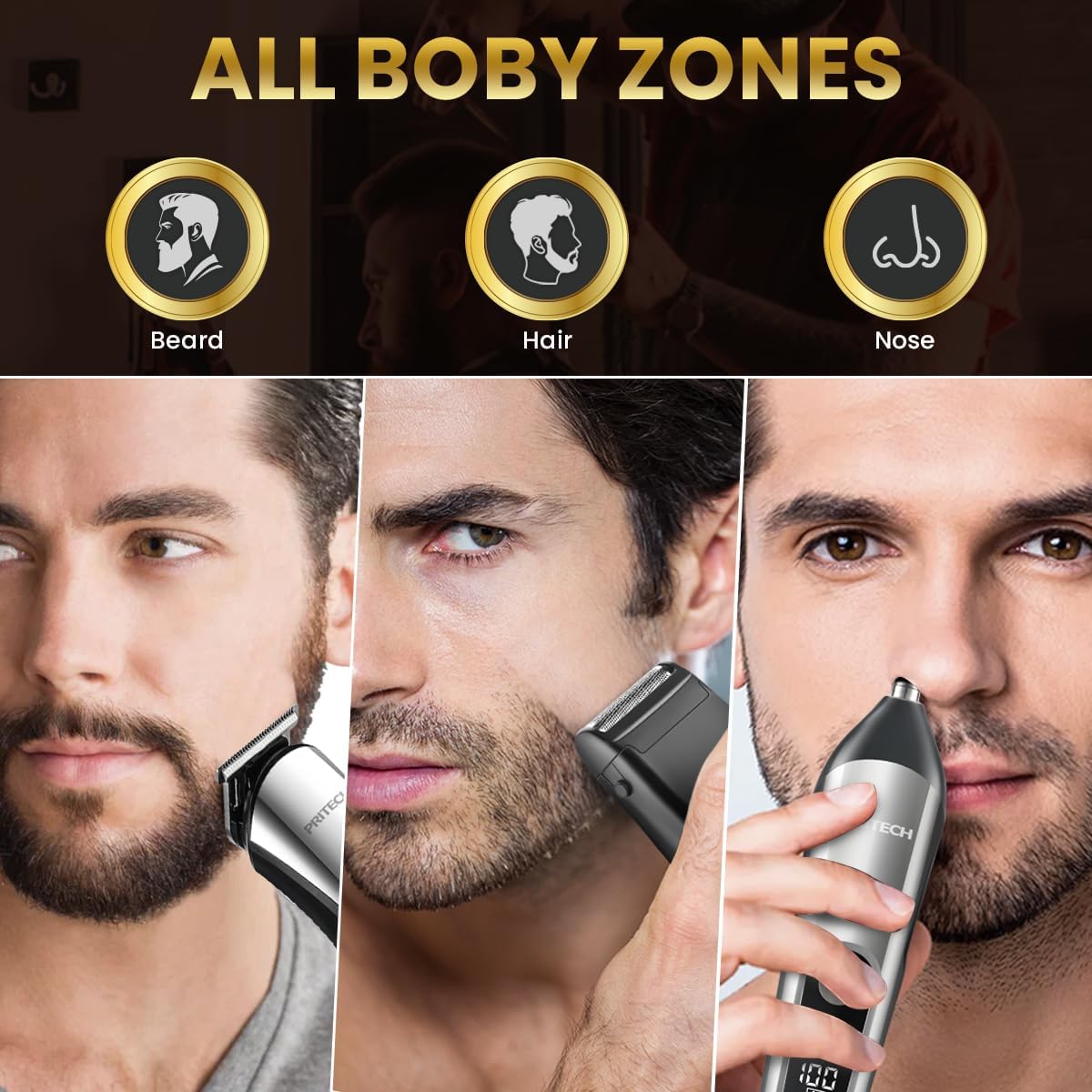 PRITECH Beard Trimmer for Men, 3 in 1 Hair Clippers for Men Kit, Nose,Ear,Micro Electric Shaver, Mens Grooming Set Cordless with LED Display IPX6 Waterproof (Silver)