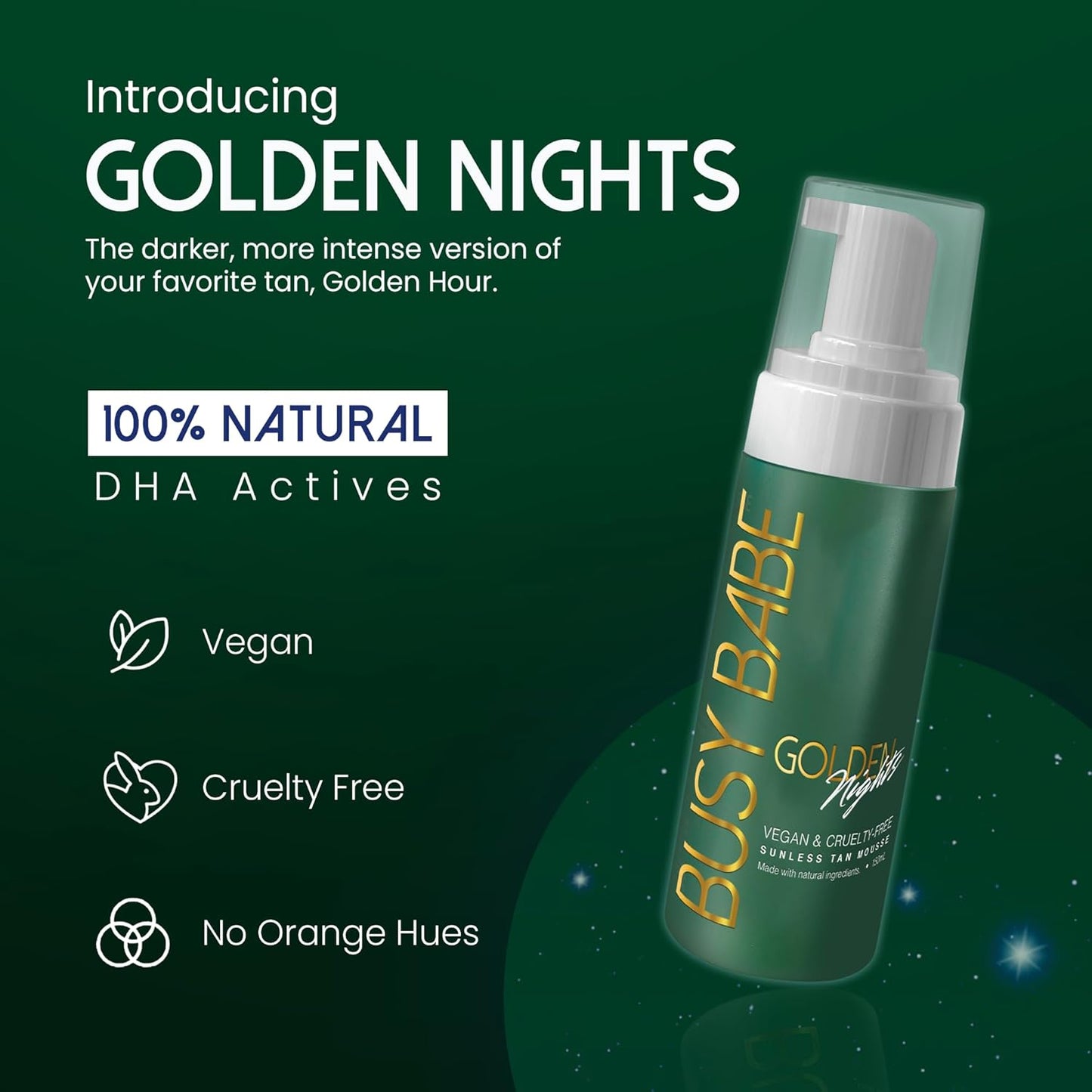 Self Tanner - Golden Nights Express Rapid Dark Tanning Mousse - Deeper Sun-Kissed Glow with Mitt - Vegan, Cruelty-Free, Instant Tan, Self Tanning Mousse Pump - 7.2 oz, No Orange Hues