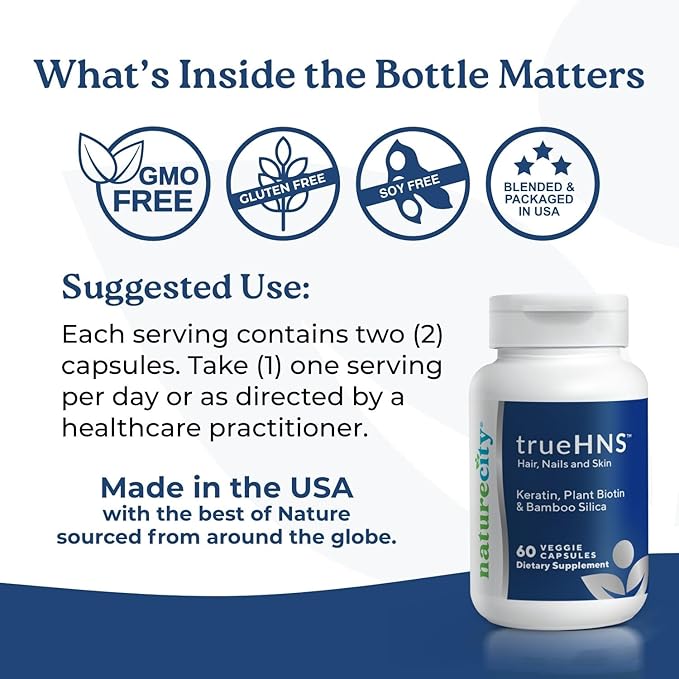 NatureCity True-HNS Hair Nails and Skin Cynatine Keratin and Plant Based Biotin Vitamin Supplement | Fuller and Stronger Hair and Nails | Non GMO | 60 Veggie Capsules