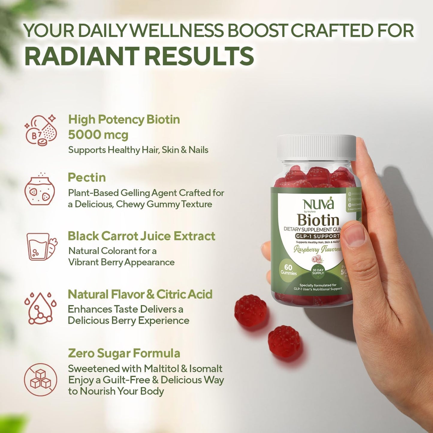 NuVa by Trulore Biotin Gummies 5000 mcg | GLP-1 Support for Hair Growth, Skin & Nails | Zero Sugar, Vegan Gummy Vitamins for Men & Women | Raspberry Flavor | 60 Gummies - 30 Day Supply