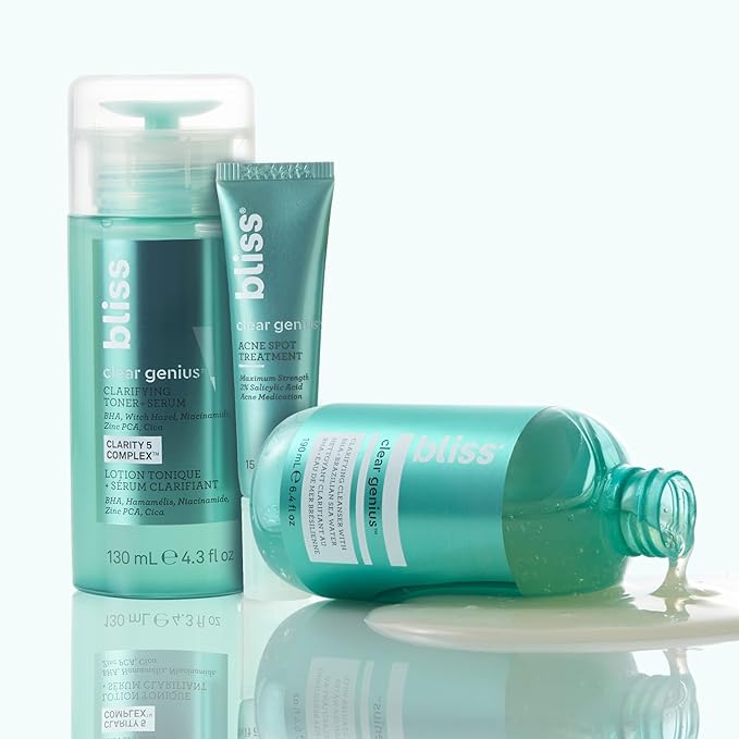 Bliss Clear Genius Trio: Clarifying Toner + Serum, Cleanser and Spot Treatment - Pore Purifying, Removed Excess Dirt & Oils - Clean, Cruelty-Free Skin Care