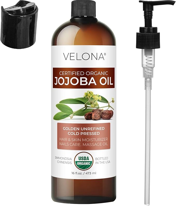velona Jojoba Oil USDA Certified Organic - 16 fl oz (With Pump) | 100% Pure and Natural | Golden, Unrefined, Cold Pressed, Hexane Free | Moisturizing Face, Hair, Body, Skin Care
