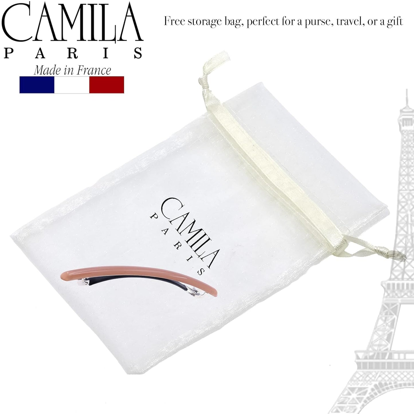 Camila Paris CP3253 French Hair Barrette Large Nude, Long Skinny Strong Hold Grip Hair Clips for Women, Thin Rubberized Automatic Clasp No Slip Durable Styling Girls Hair Accessories, Made in France