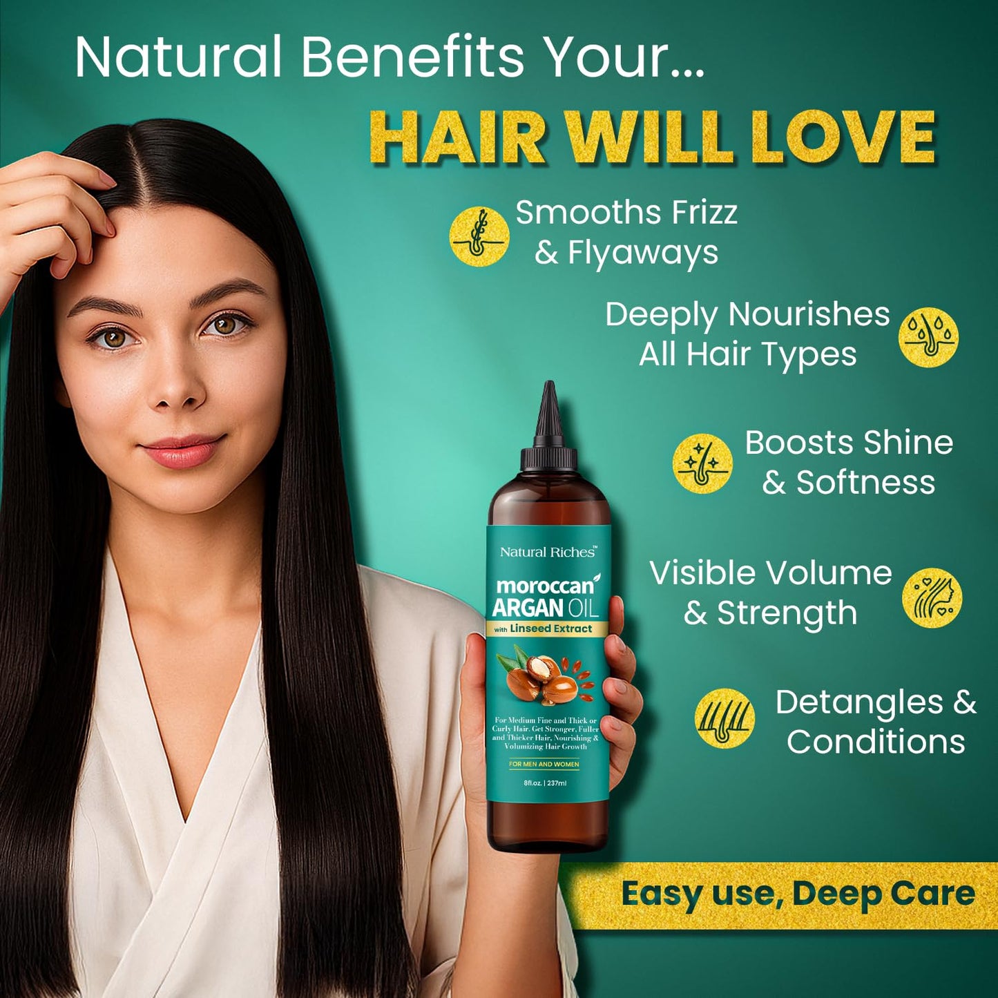 Natural Riches Moroccan Argan Oil with Linseed Extract, Hair Treatment for All Hair Types, Smooths frizz, detangles, conditions and boosts shine 8 Fl Oz