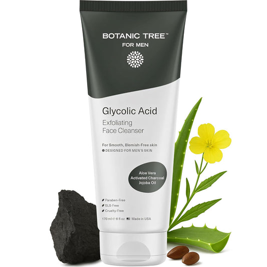 Botanic Tree Glycolic Acid Face Wash for Men - Facial Cleanser, Scrub - 10% Glycolic Acid with Activated Charcoal - 6 fl oz