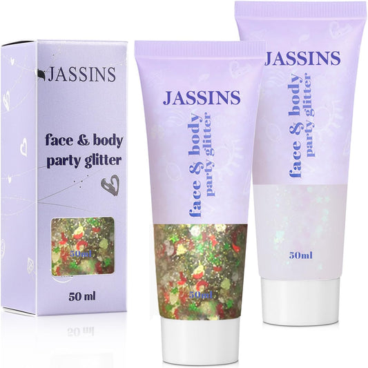 JASSINS 2PCS Body Glitter, 100ml Christmas Face Glitter for Women Girls Kids, Glitter Gel Makeup Tween Gifts, Singer Concerts Festival Rave Accessories, Chunky Mermaid Sequins Glitter
