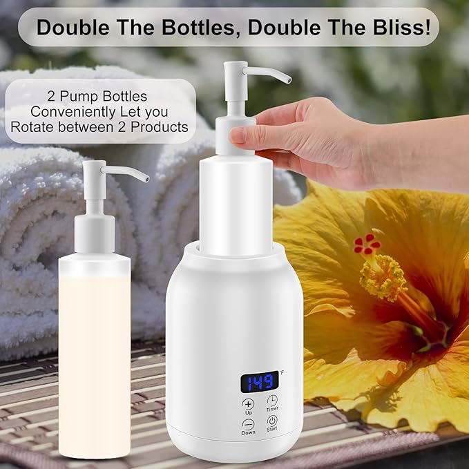 Massage Oil Heater Warmer,with ℃/℉ Switchable Display, Two Oil Dispenser Bottle，Constant Temperature,Body Oils Heater for Spa, Salon and Barber Shops,White