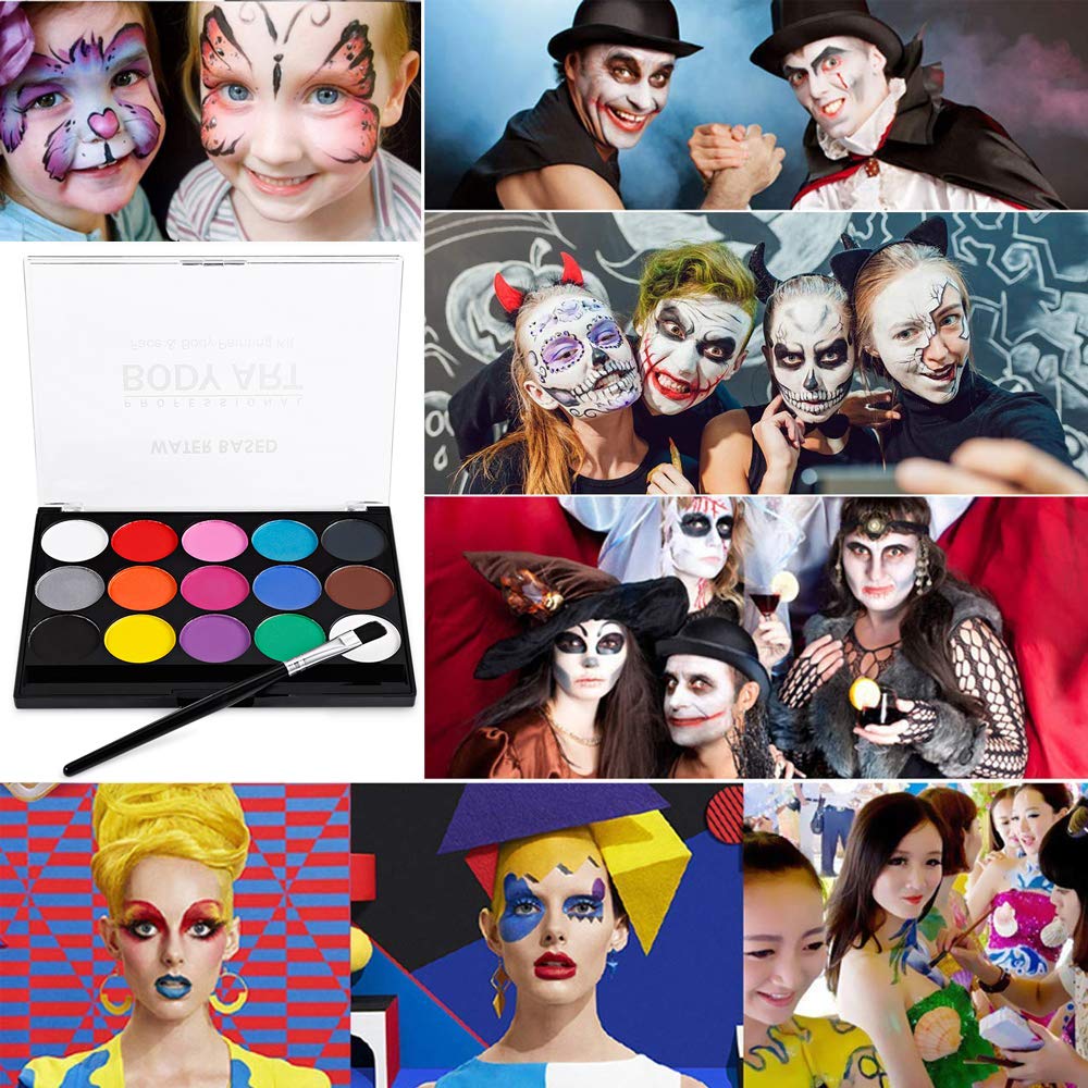Face Paint Kit for Kids Adults, Professional Black White Paint Face Body Painting, 15 Colors with 2 Paint Brushes 32 Stencils, Hypoallergenic Safe Non-Toxic, Ideal Halloween Party Festivals Costumes
