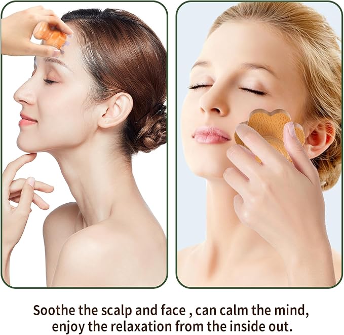 Natual Jade Massage Head, with Wooden Hander Comb,for Scalp Massager, Head Ficial, Body Acupressure Tool,gua sha Scraping, Relieve Fatigue,Stress Relax Device,for Hair Growth (Pink)