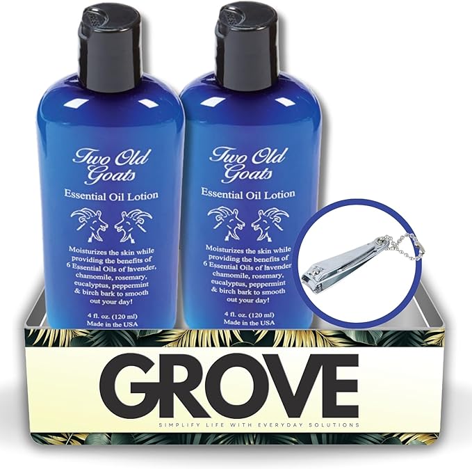 Two Old Goats Essential Oil Lotion 4 oz Bundle with Nail Clipper - Moisturizing Lotion with Lavender, Chamomile, Eucalyptus, and More for Soothing Skin Care - Gift Set (3 Items)