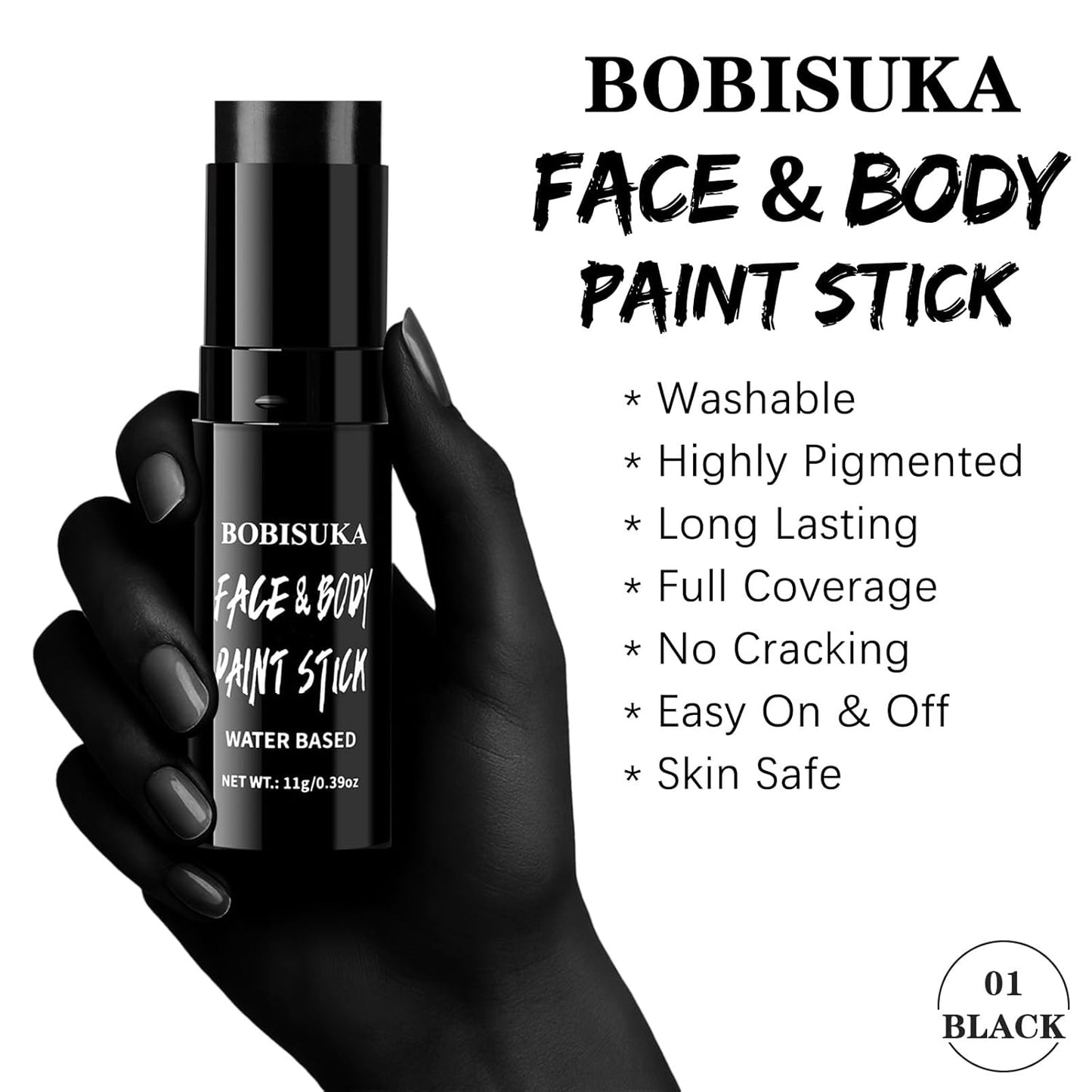 BOBISUKA Black Face & Body Paint Stick Water-Based Washable Face Paint Makeup Stick for Halloween Clown, Skeleton, Skull, Joker, Cosplay, SFX, Sports Eye Black & Costume Party