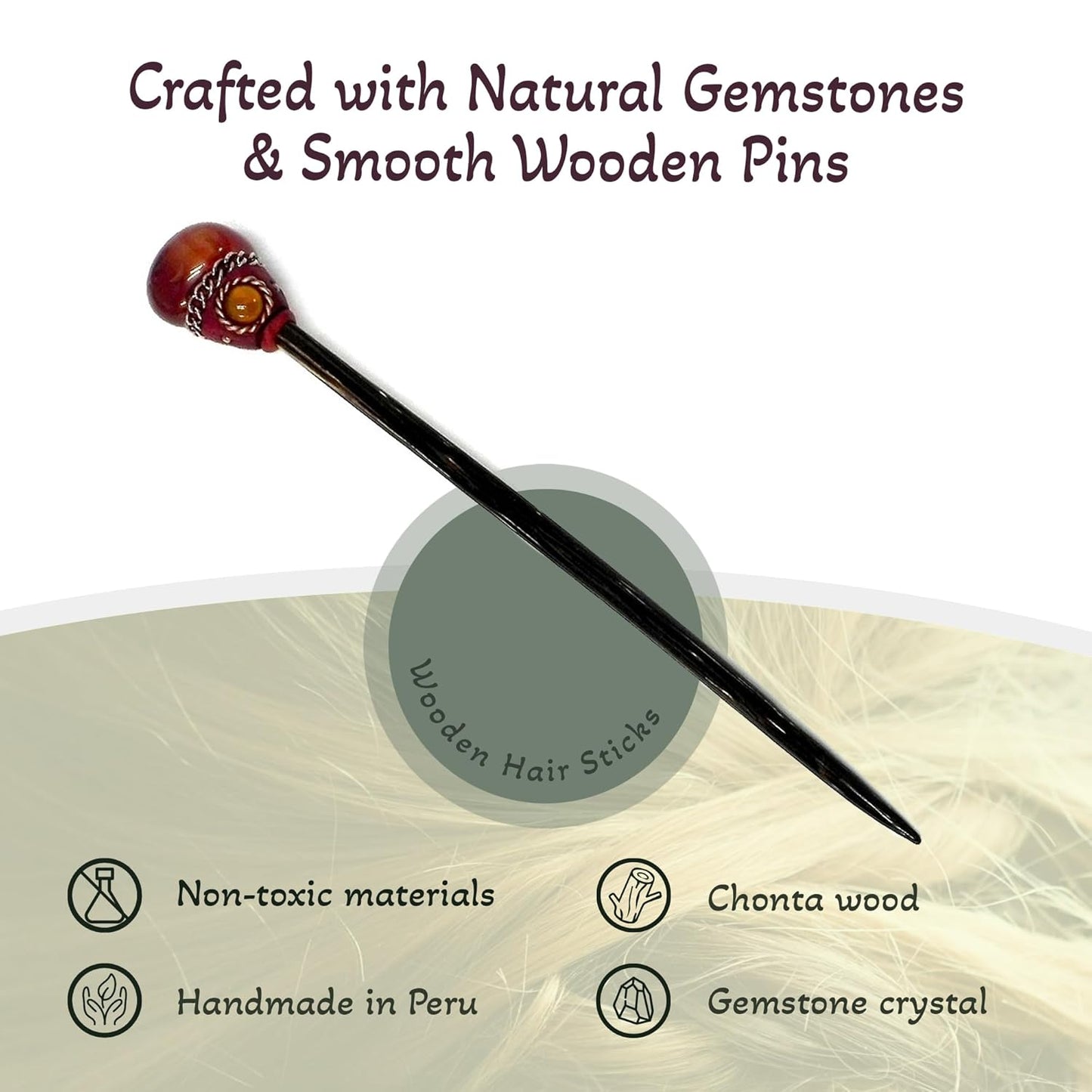 Mia Jewel Shop - Natural Tumbled Healing Gemstone Crystal Chonta Wooden Hair Sticks – Handmade Hair Sticks for Women | Hair Pins Boho Reiki Accessories, Fashion Gifts (Dark Orange Agate)