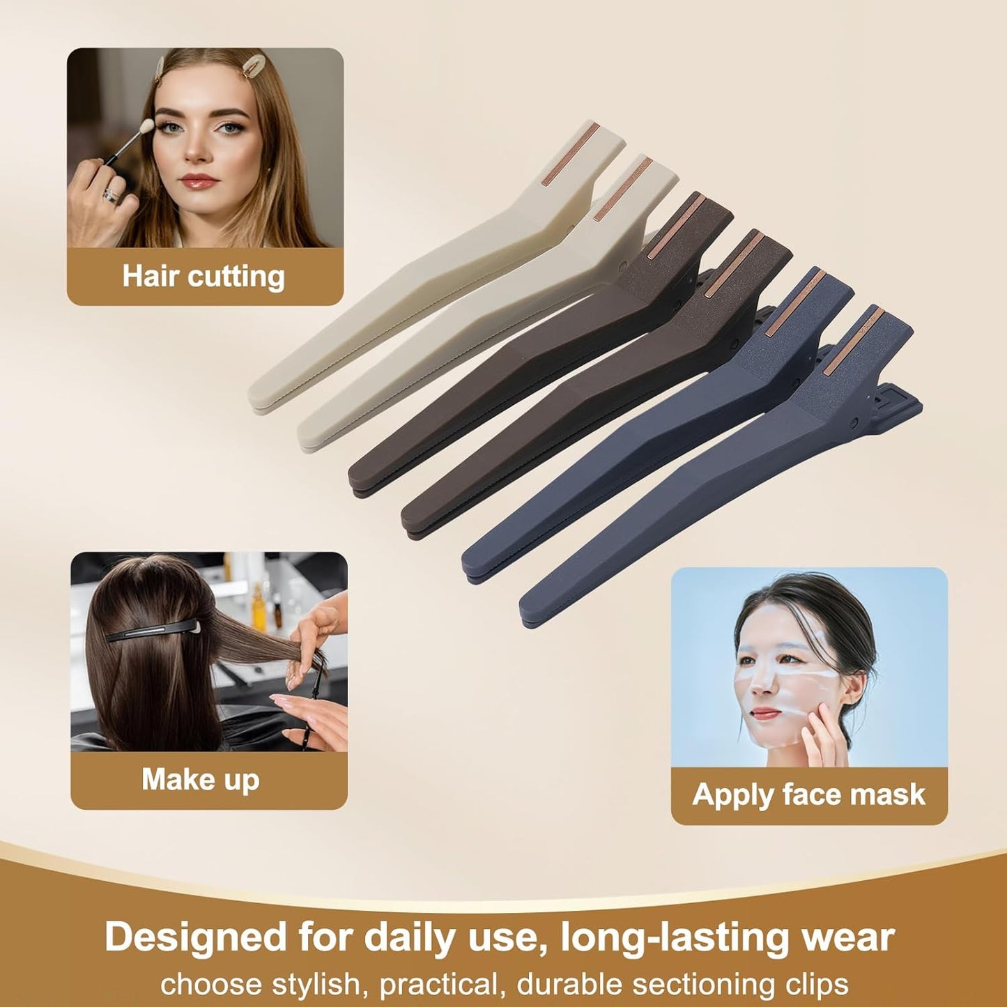 PERFEHAIR 6 Pcs Hair Sectioning Clips for Styling, No Crease Non Slip Salon Hair Clips with Silicone Band for Cutting, Blow Drying & Rollers, Professional Barber Clips for Thick Hair