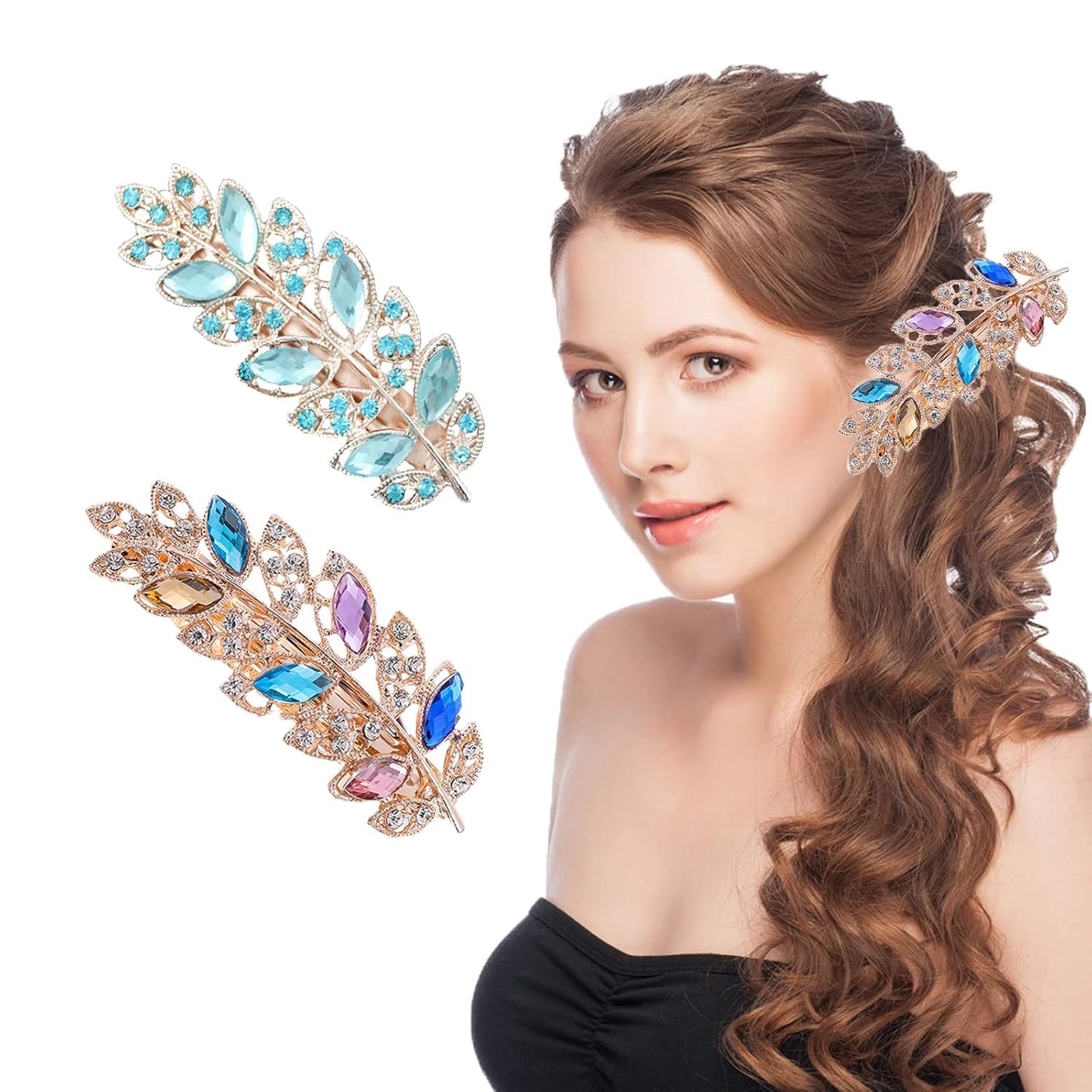 2 Pcs Crystal Rhinestones Hair Clips for Women, Sparkly Glitter Flower Hair Barrettes Metal Spring Hair Pins 8cm, 2-Leaf Multicolor B