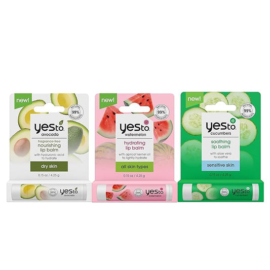 Yes To Watermelon & Cucumber & Avocado Lip Balm Variety Pack, Hydrating Non-Sticky Salves That Replenish Dry Cracked Lips & Lock In Moisture, With Antioxidants, Natural & Cruelty Free, 0.15 Oz, 3-Pack