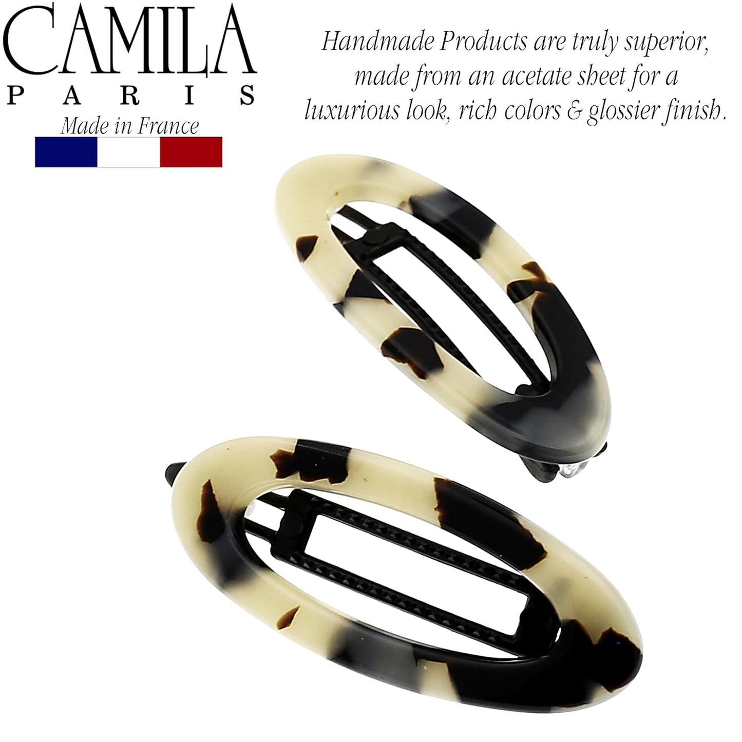 Camila Paris CP1992/2 French Hair Barrette Clip for Women, Handmade, Side Slide-in Metal-Free Closure, Strong Hold Grip Hair Clips for Girls, No Slip Durable Styling Hair Accessories, Made in France