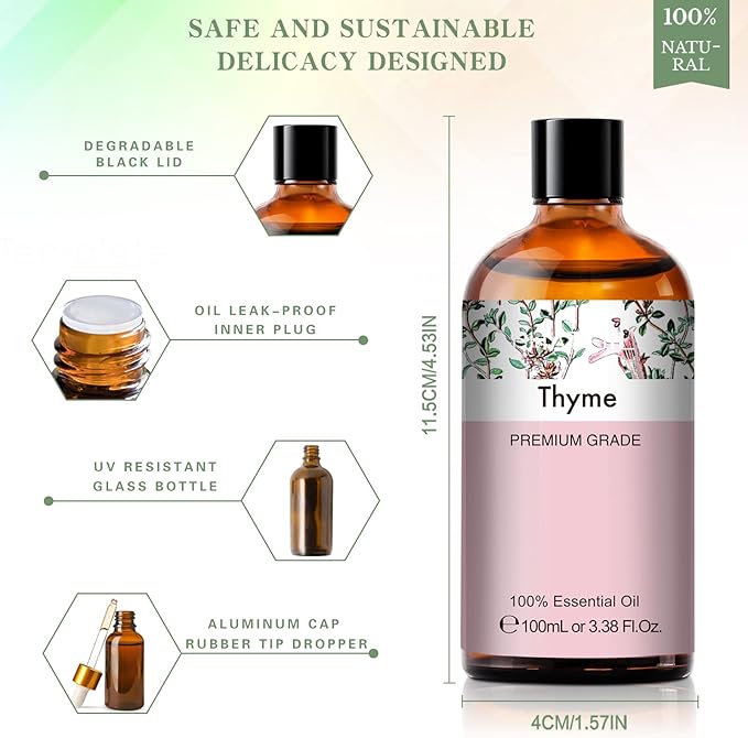 Thyme 3.38fl.oz Essential Oil, PHATOIL Aromatherapy Essential Oils for Diffuser, Humidifier, Perfect for DIY Soap, Candle, Bath Bombs Making(100ml)