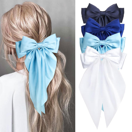 Silky Satin Hair Bows for Women Girls - 4PCS Ribbon Bows for Hair, Big Bow Hair Clips with Long Tail, Barrettes - Cute Hair Accessories Gifts (Navy, Royal Blue, Blue, White)