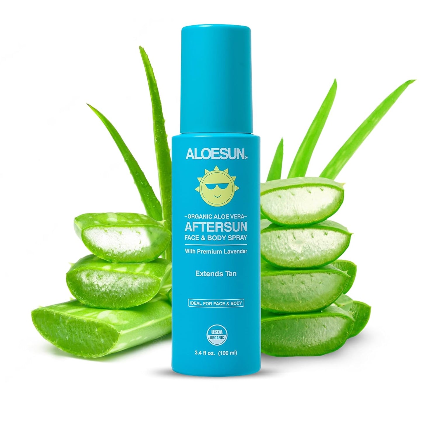 ALOESUN After Sun Face and Body Spray | Non Sticky Organic Aloe Vera for Sun Exposure Relief with Pure Lavender Essential Oil | Natural Aftersun Skin Moisturizer for Redness | Travel Size 3.4 Fl Oz
