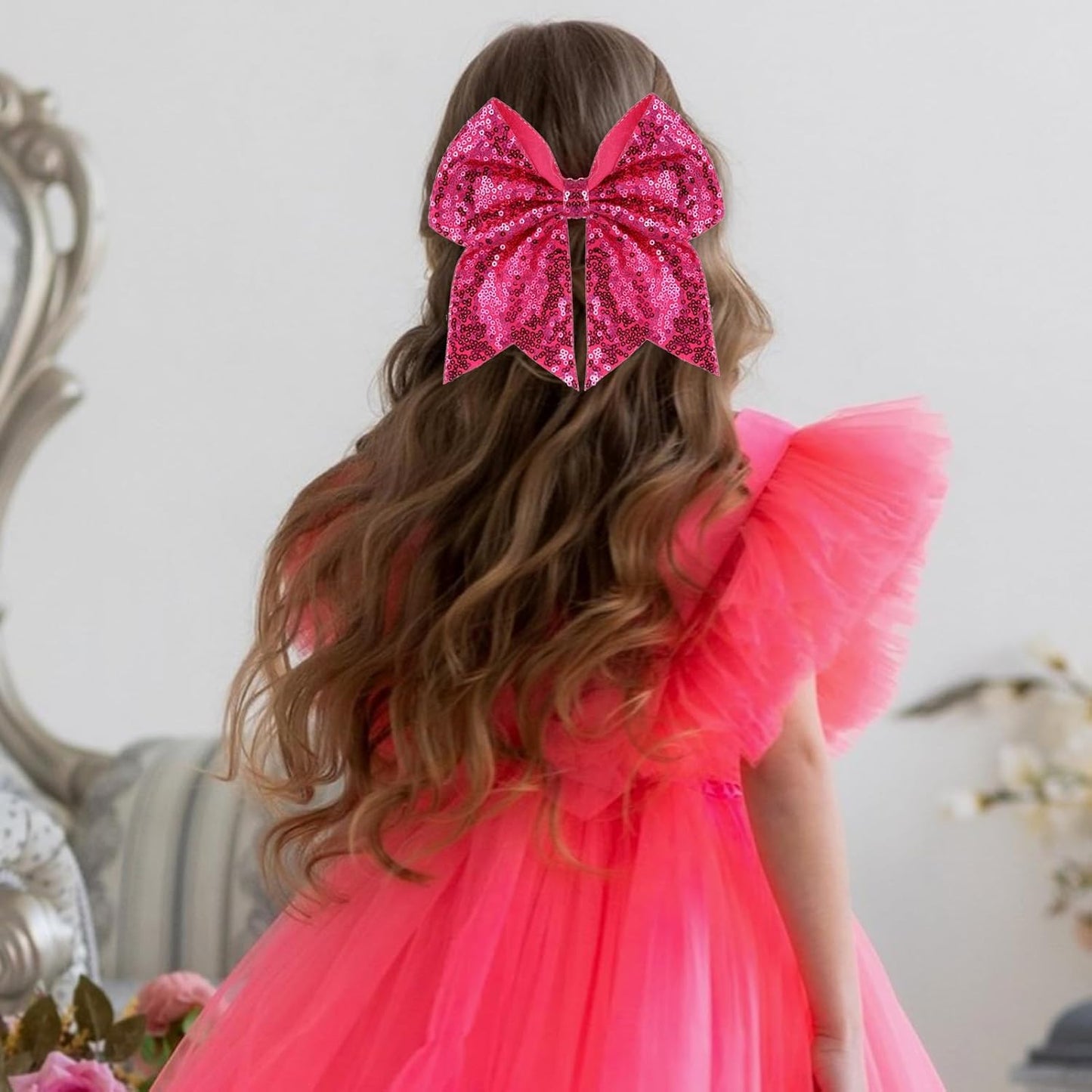 Large Big 7 Inch Glitter Bow Clip Sequin Bling Party Hair Accessories for Women Teens Girls Kids 1 Pcs (Hot Pink)