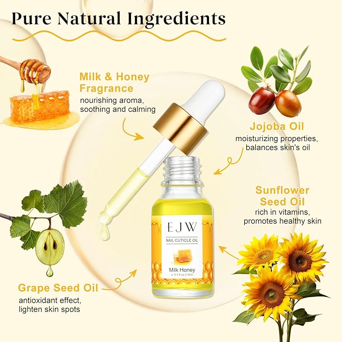 EJW Cuticle Oil for Nails, 1 Week Multi-Functional Care for Hands and Feet, Moisturizes & Strengthens Nails, Improves Hangnails & Dry Skin, Contains Jojoba Oil, Natural Ingredients, Milk and Honey