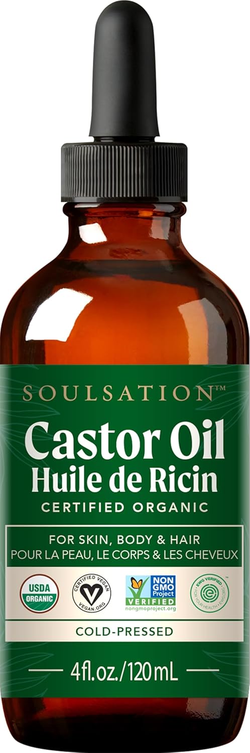 Organic Castor Oil 100% Pure (4oz) - For Eyelashes, Eyebrows, Face, Hair & Skin - Cold Pressed Unrefined Glass Bottle