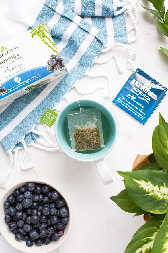 Miracle Tree - Organic Moringa Superfood Tea, 25 Individually Sealed Tea Bags, Blueberry (Keto, Detox, Energy & Immunity Booster, Vegan, Gluten-Free, Organic, Non-GMO, Caffeine-Free)