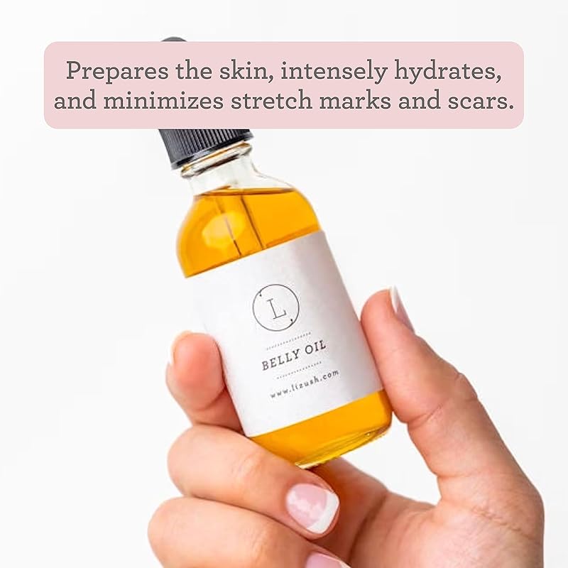 Lizush Belly Oil - 2 oz. Stretch Mark Treatment and Body Oil - Pregnancy Essentials to Protect and Moisturize Skin Made with 85% Organic Ingredients - Handmade in the USA